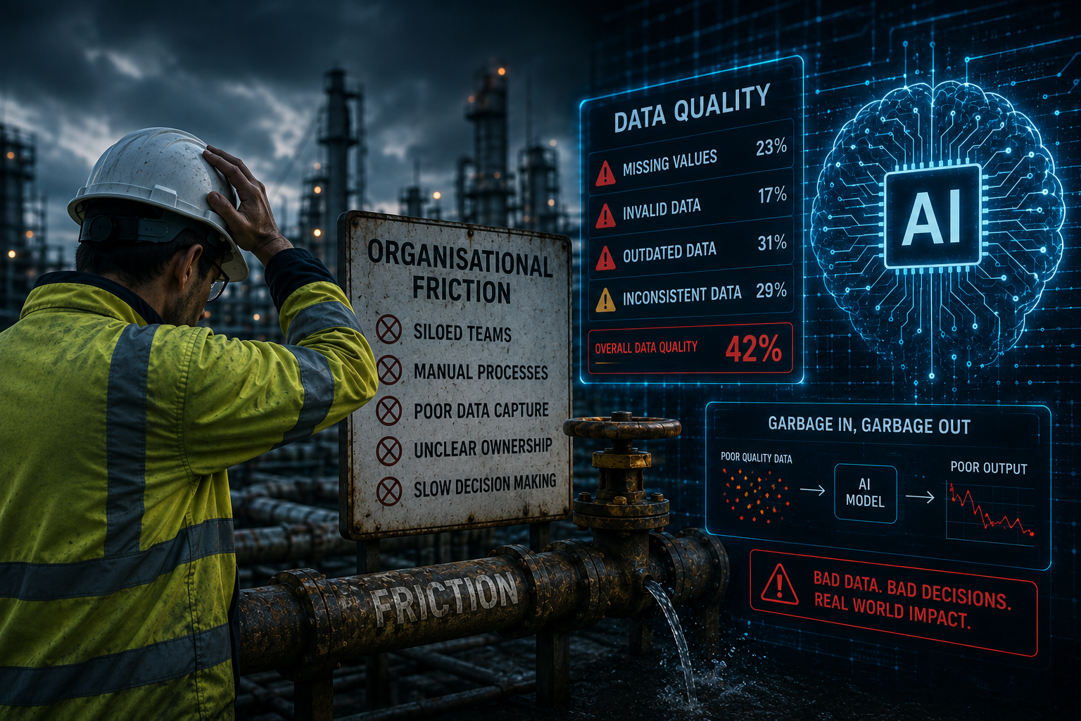 A utilities engineer beside a pipe marked FRICTION, facing AI dashboards showing poor data quality and a garbage-in, garbage-out warning